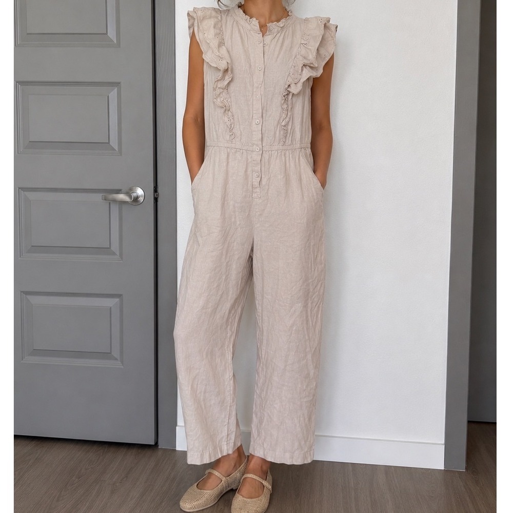The Get Beige Linen Blend Eyelet Ruffle Sleeveless Jumpsuit Size L cc